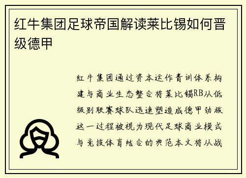 红牛集团足球帝国解读莱比锡如何晋级德甲